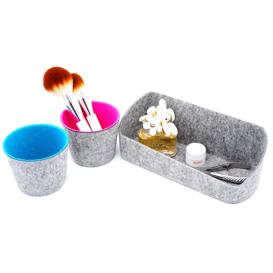 Welaxy Felt 3 Piece Gray Tray with Turquoise & Hot Pink Cups Desktop Organizer Set